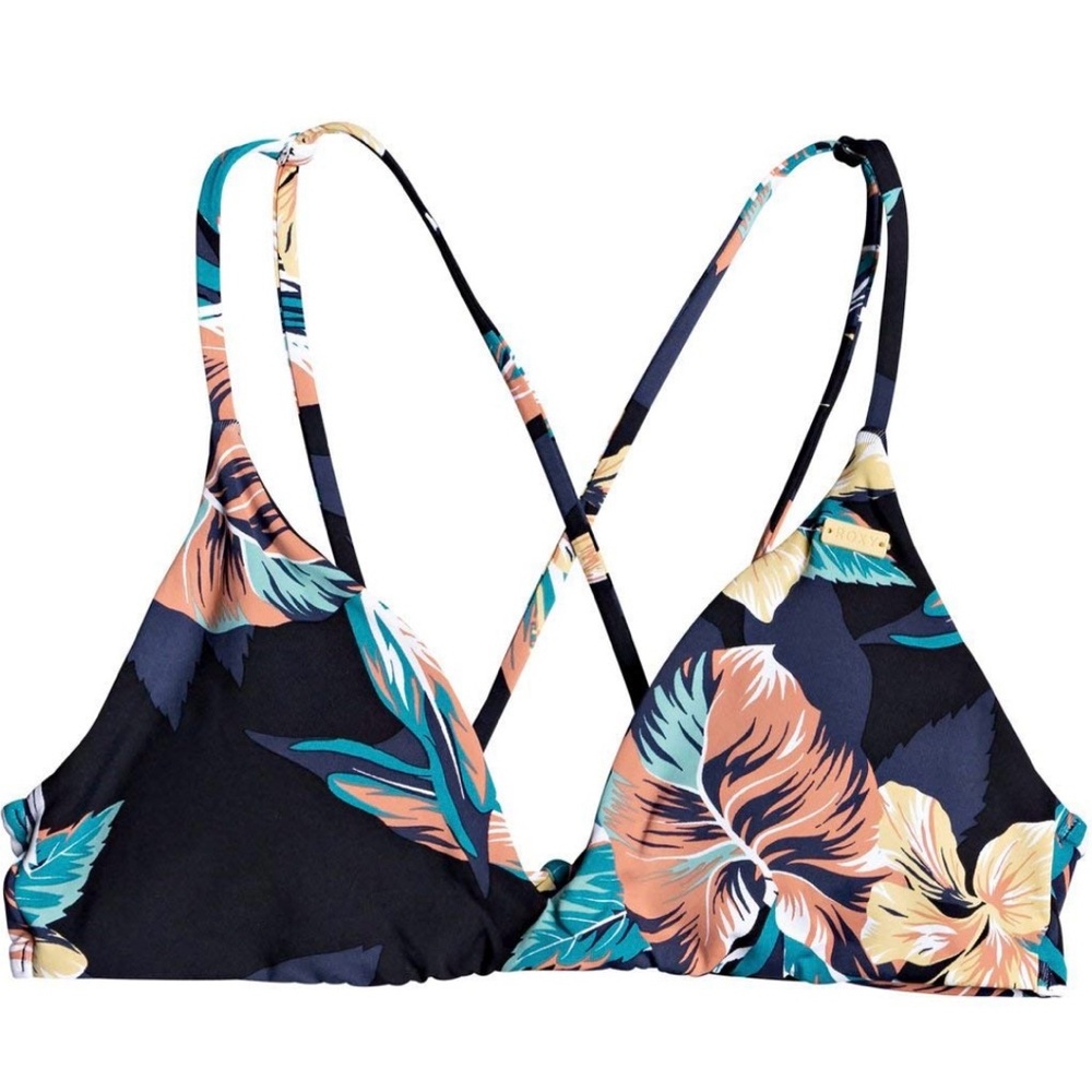 Roxy Garden Surf Bikini Top Black Tropical Floral Crisscross Swimwear L